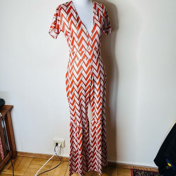 Orange and White Chevron Print 70’s Style Flare Leg Jumpsuit - Picture 7 of 10